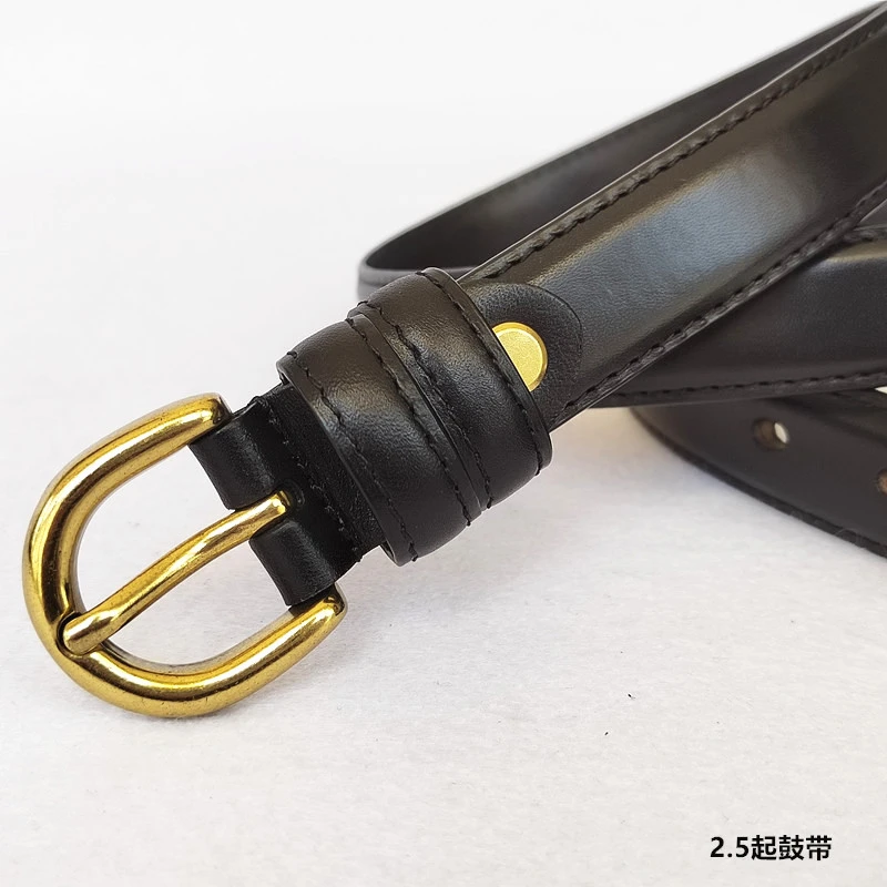 女士头层牛皮皮带素面简约文艺牛皮针扣腰带2.5起鼓带金扣皮带