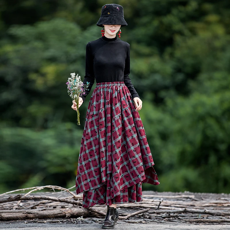 莹如衣语民族风格子花色半身裙秋冬女文艺复古气质长裙Q1073捡漏