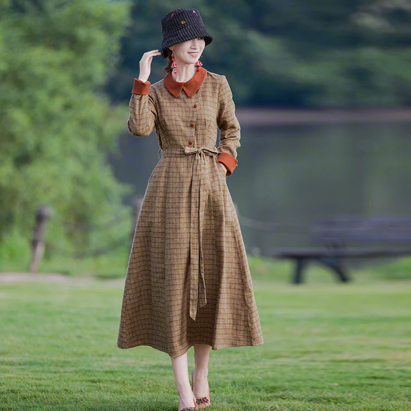 莹如衣语2543民族风亚麻连衣裙秋冬新款文艺复古色织格子长裙子