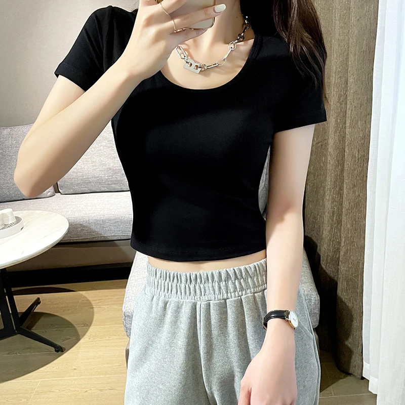 黑色短款T恤女短袖2025年新款春夏季时尚修身体恤高腰漏肚脐上衣