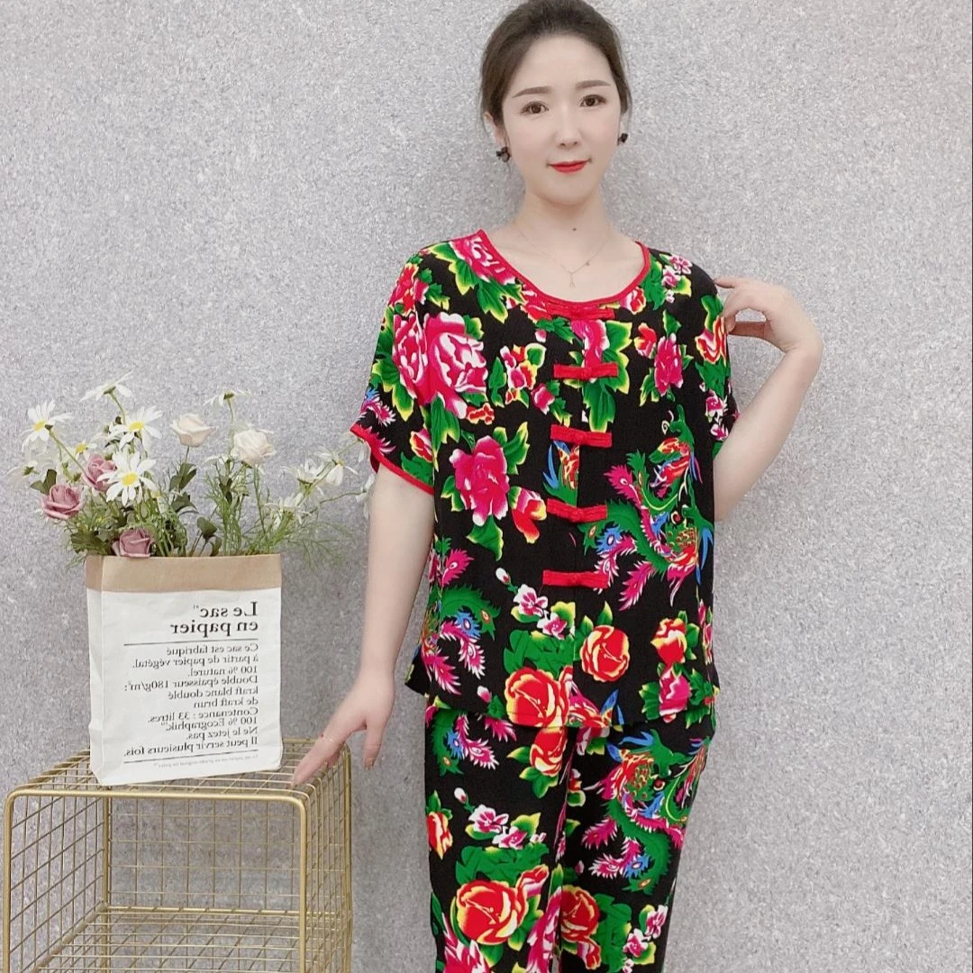 夏季短袖民族风花色中年女装休闲套装薄款演出服圆领时尚大花