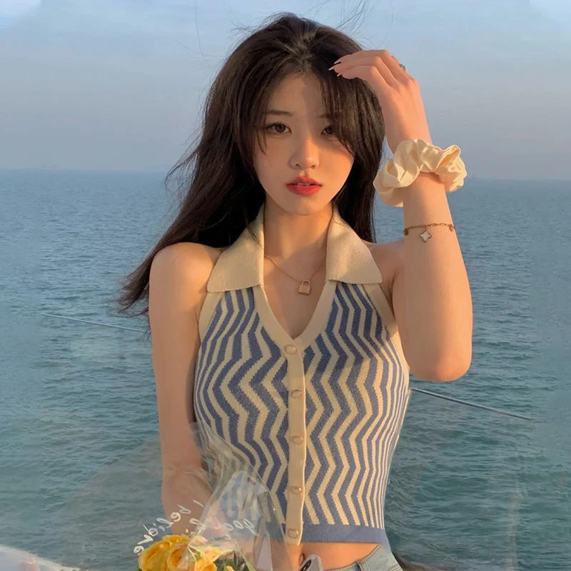 冰丝条纹吊带背心女设计感小众挂脖内搭外穿短款别致V领针织上衣