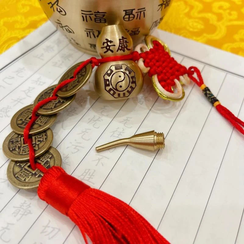 加厚金边吉祥结刻字大铜葫芦五帝钱挂饰挂件中国结真品全铜门对门
