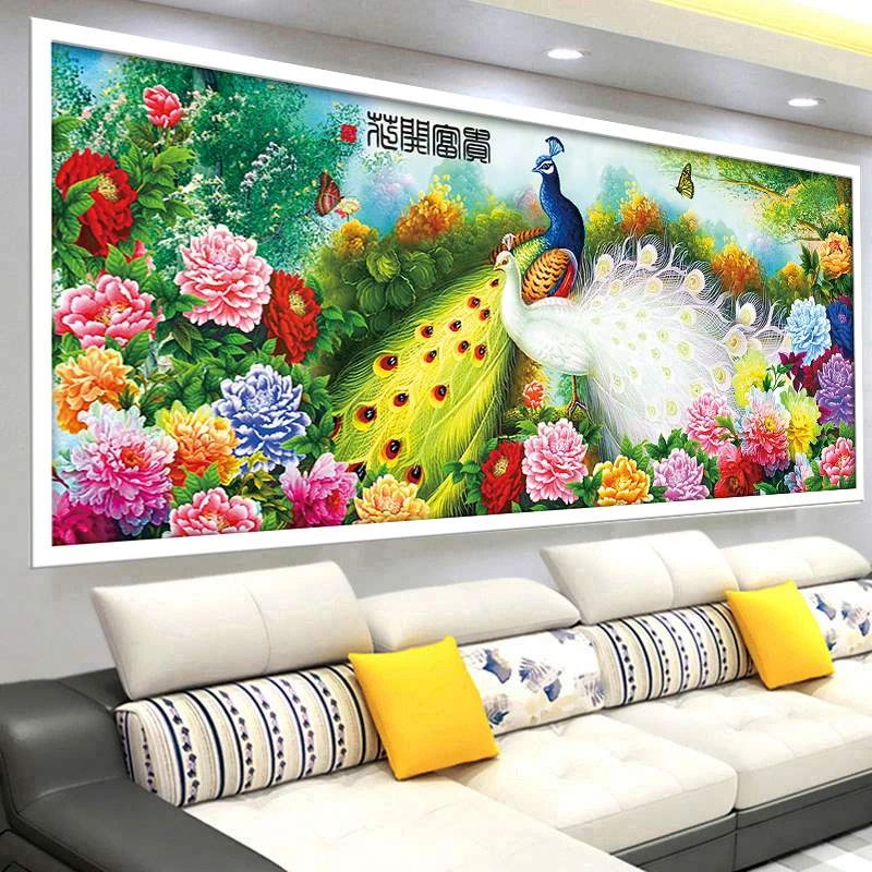 【真彩】大格新款花开富贵孔雀图十字绣满绣无勾边65色237X100cm