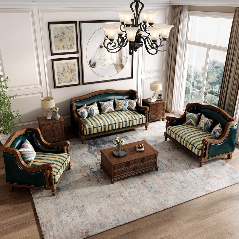 美式乡村实木沙发头层牛皮真皮 三人位长189CM 双人位长142CM