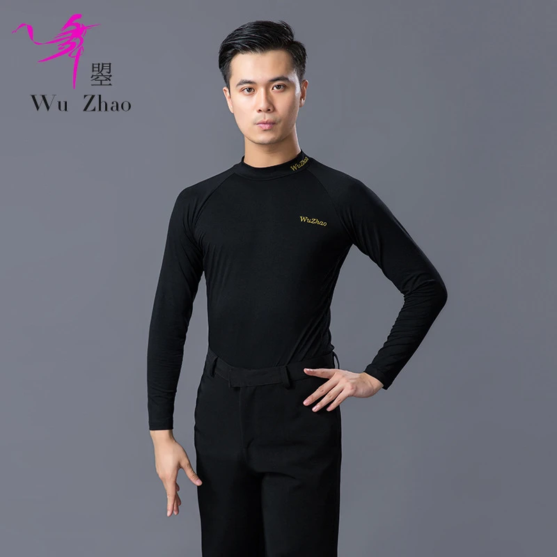 黑色拉丁舞练功服男秋冬高领长袖摩登舞衣男士新款交谊舞上衣T恤