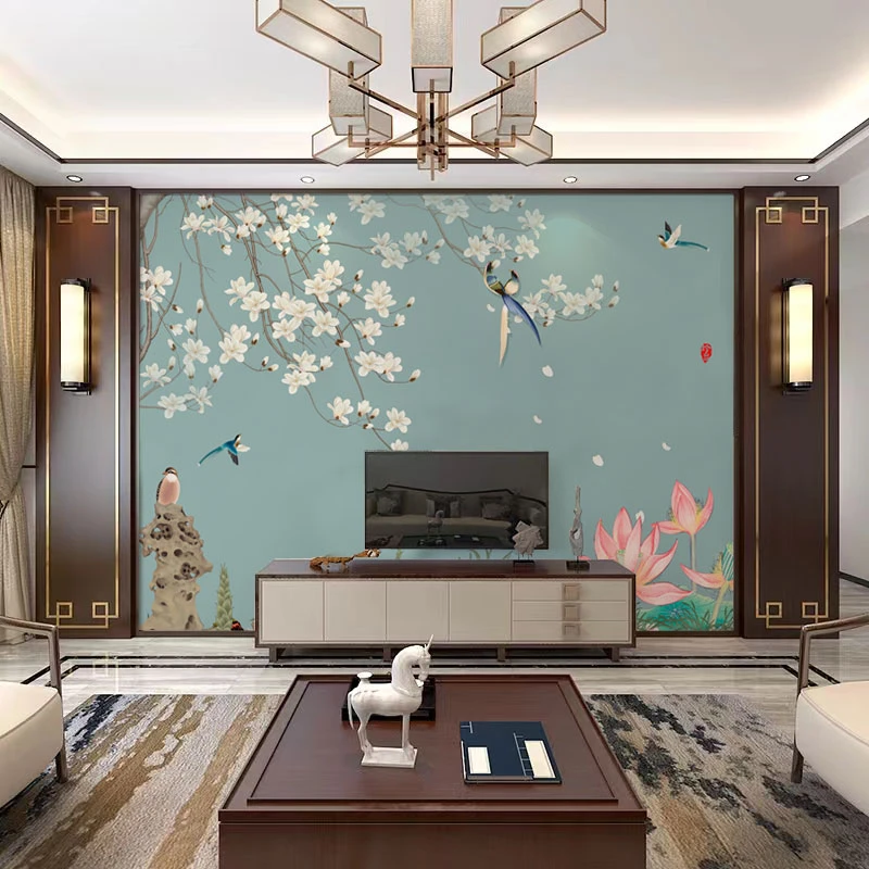 新中式风格电视背景墙壁画壁布客厅2024新款影视墙花鸟墙纸墙布