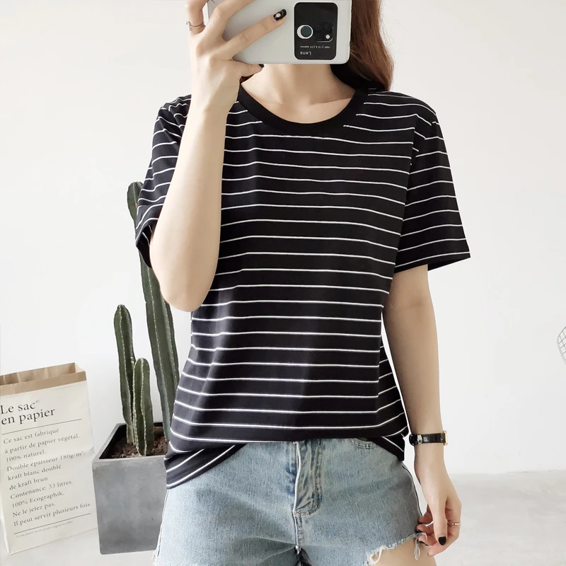 黑白横条纹T恤女半袖半截短袖重磅2025新款宽松上衣百搭韩版夏装