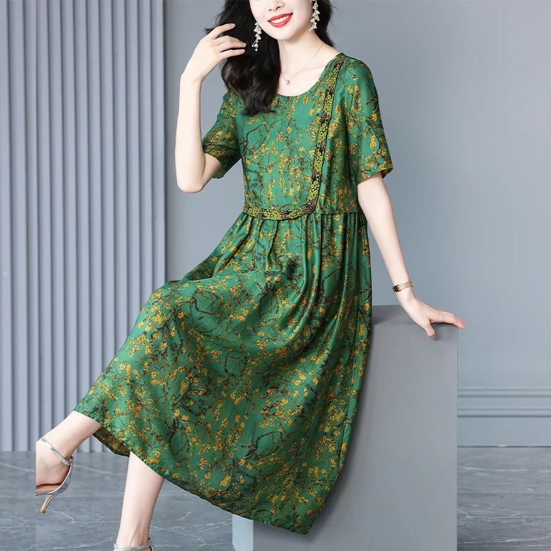 重磅真丝连衣裙2025夏季新款高端大牌杭州桑蚕丝印花重工刺绣长裙