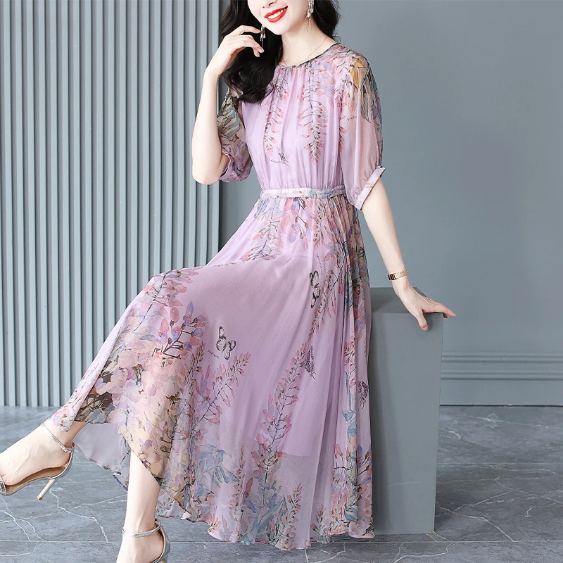 真丝连衣裙女秋季2025新款高端奢华气质女神范大牌桑蚕丝碎花长裙