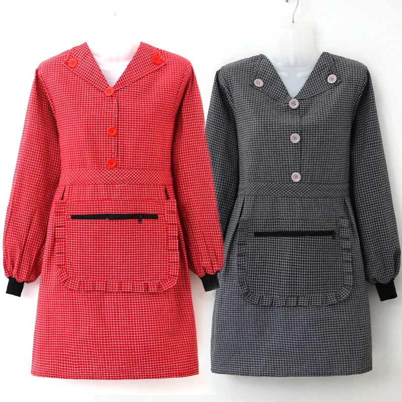 长袖棉布罩衣新款洋气工作服时尚可爱围裙女翻领格子家用厨房外套