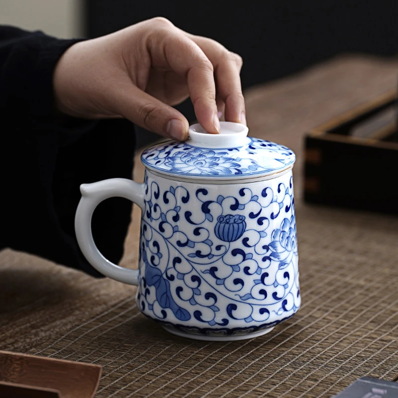 青花瓷茶杯马克杯陶瓷茶水过滤分离水杯带盖家用办公室个人泡茶杯