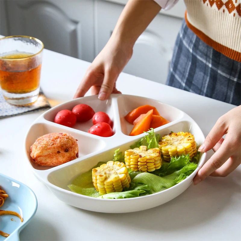 ins风陶瓷分格盘定量减脂餐盘圆形四格儿童早餐盘饭盘分隔水果盘