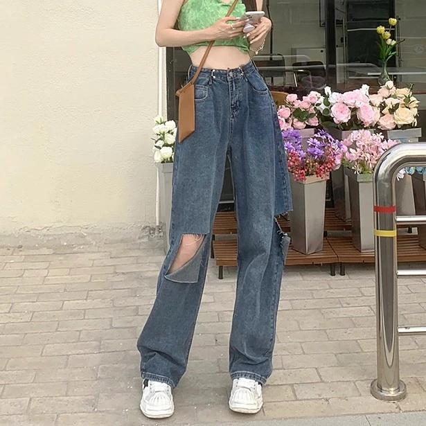 夏季薄款破洞牛仔裤女高腰宽松阔腿裤显瘦直筒裤街头个性拖地裤潮