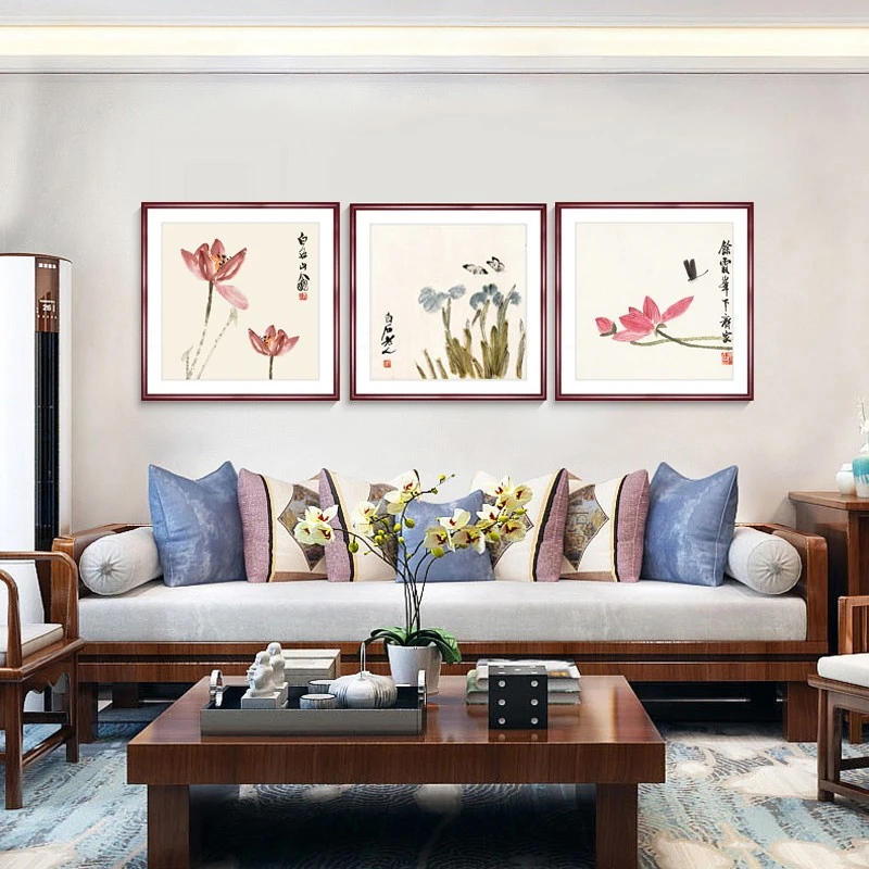 齐白石客厅荷花装饰画新中式三联沙发背景水墨画餐厅墙挂壁画国画