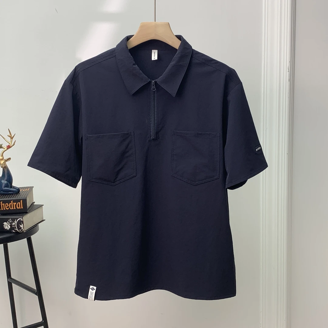 夏季休闲时尚工装男士短袖寸衣套头拉链舒适百搭宽松弹力速干蓝色