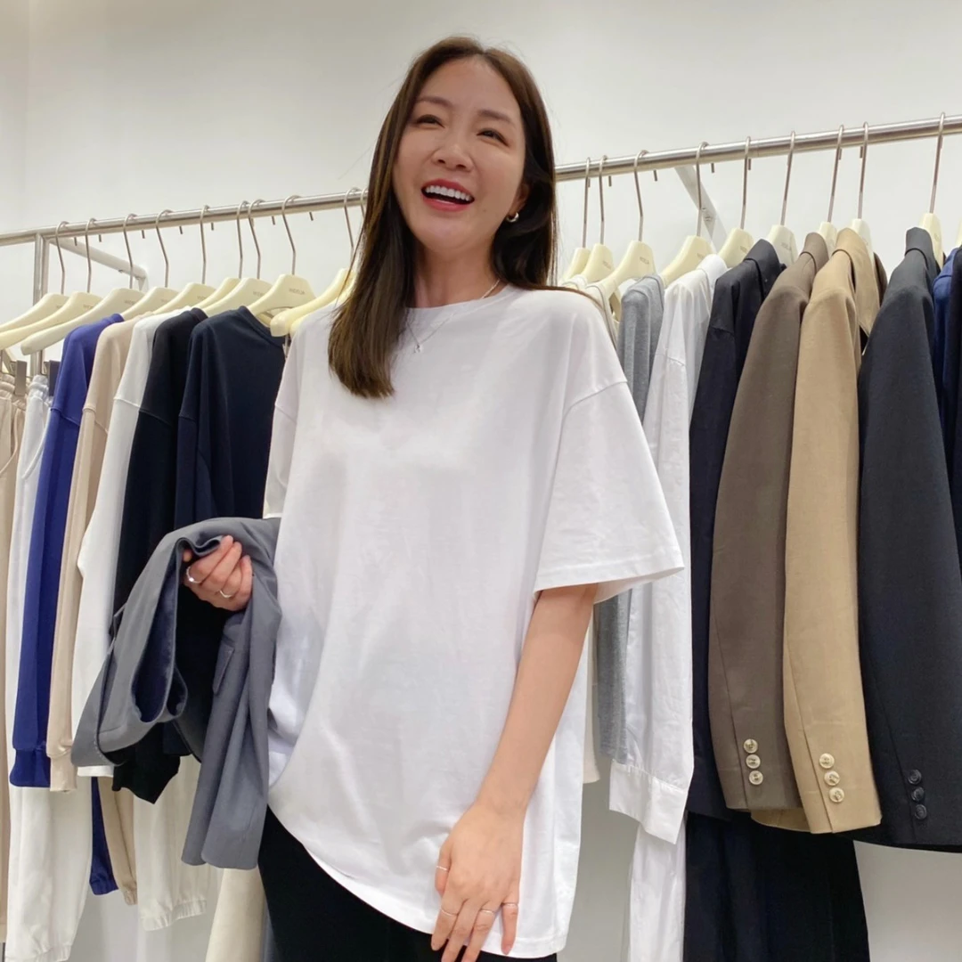 韩版新款夏季百搭宽松休闲中长款纯色短袖T恤女简约圆领上衣9186