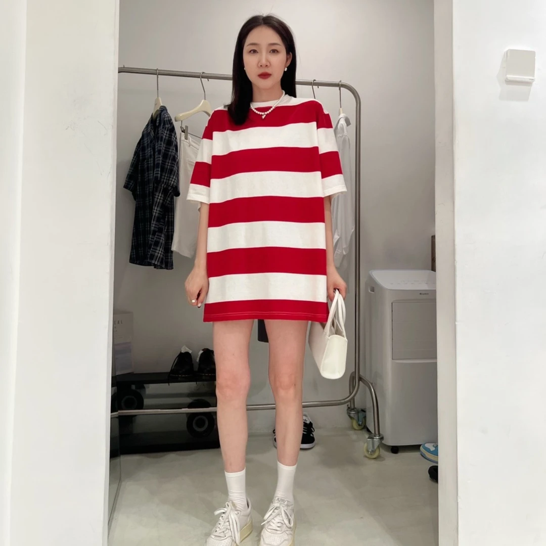 夏季韩版条纹宽松中长款短袖T恤女圆领撞色显瘦时尚休闲上衣7607