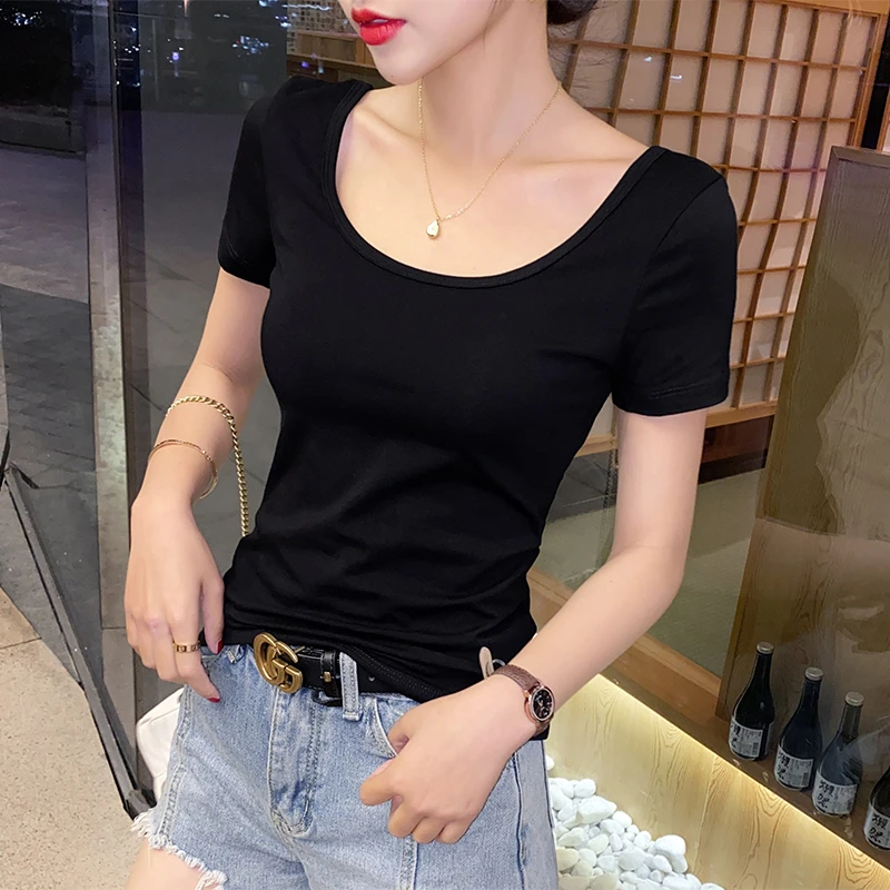黑色u领短袖T恤女2025年新款夏季纯棉大领口低领紧身正肩半袖上衣