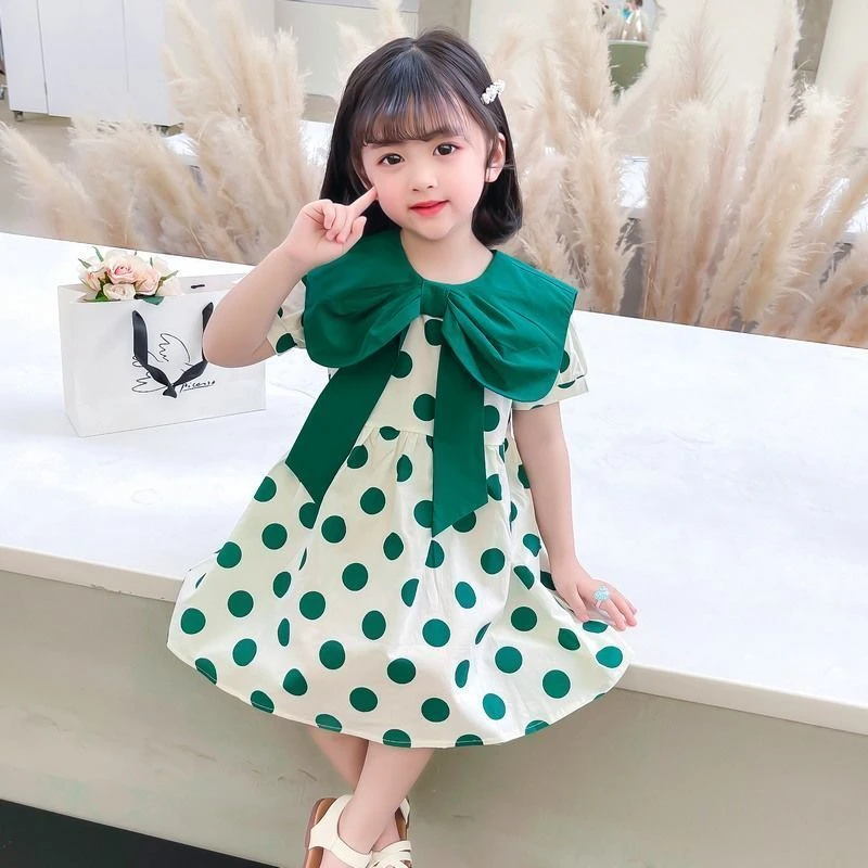 女童夏季连衣裙2024新款儿童洋气大圆点蝴蝶结披肩裙女宝宝公主裙