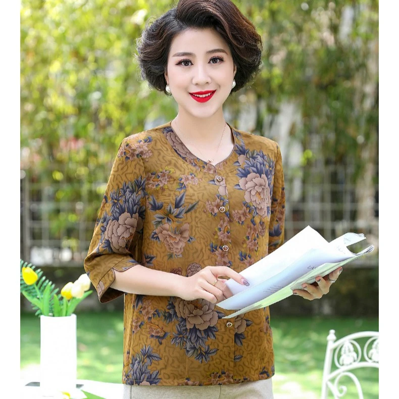 华太太衬衫圆领短袖夏季新款加肥加大码洋气高贵老年奶奶女装2253