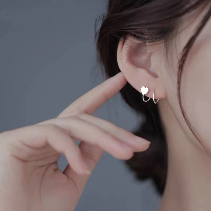 丽沁 925银耳饰 爱心弹簧耳钉桃心螺旋耳环养耳洞耳坠
