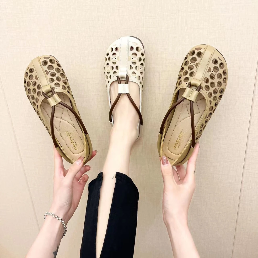 Baigeshi/佰格狮新款素色民族风镂空平跟两穿懒人鞋春夏舒适透气