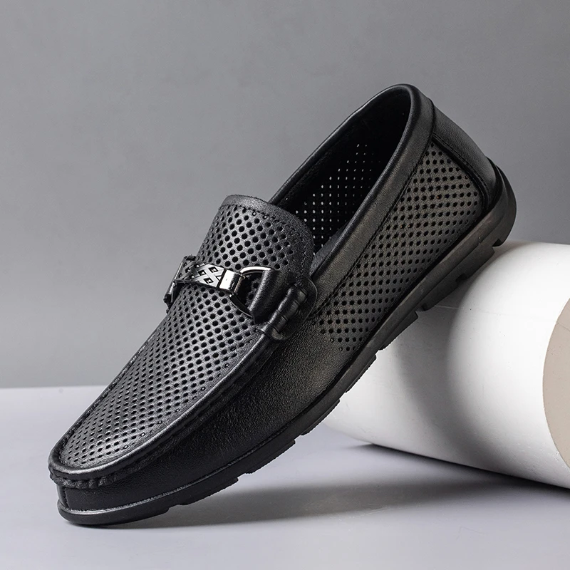 【头层牛皮】夏季男士休闲皮鞋舒适开车鞋镂空透气懒人豆豆鞋216
