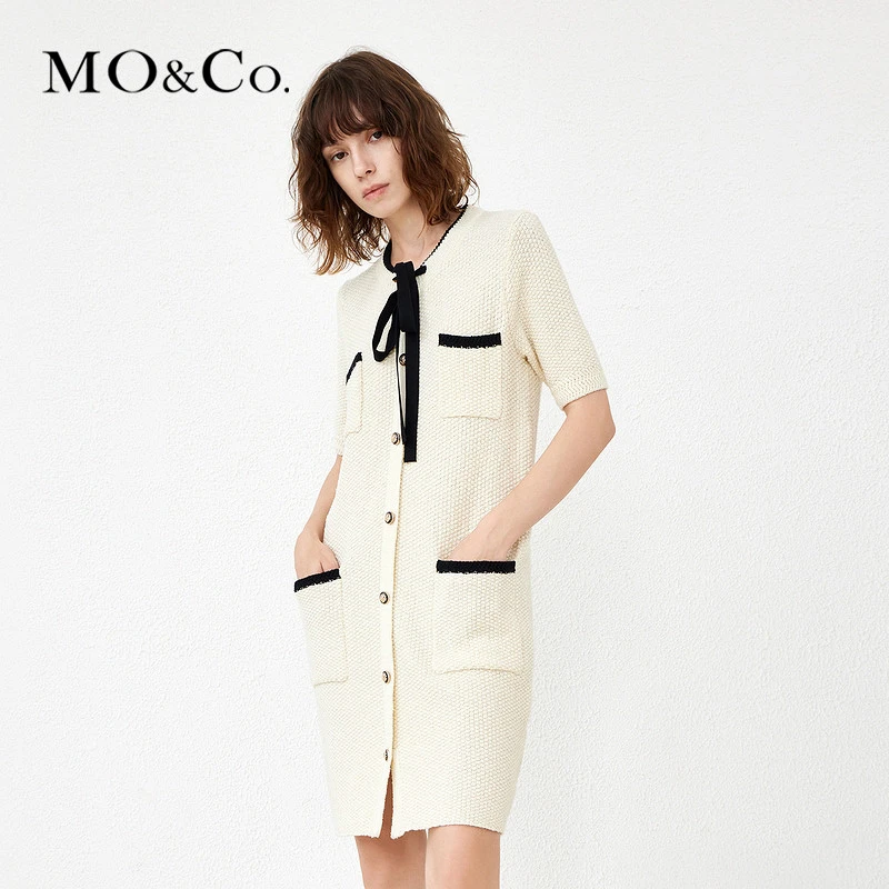 MOCO春季撞色边绑结多口袋短袖连衣裙针织编织时尚女装MBB1DRS005