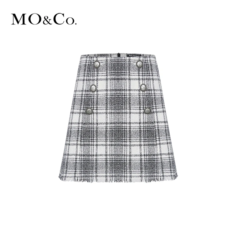 MOCO春季复古小香风粗花呢半身裙高腰短裙格子时尚女装MBA1SKT009