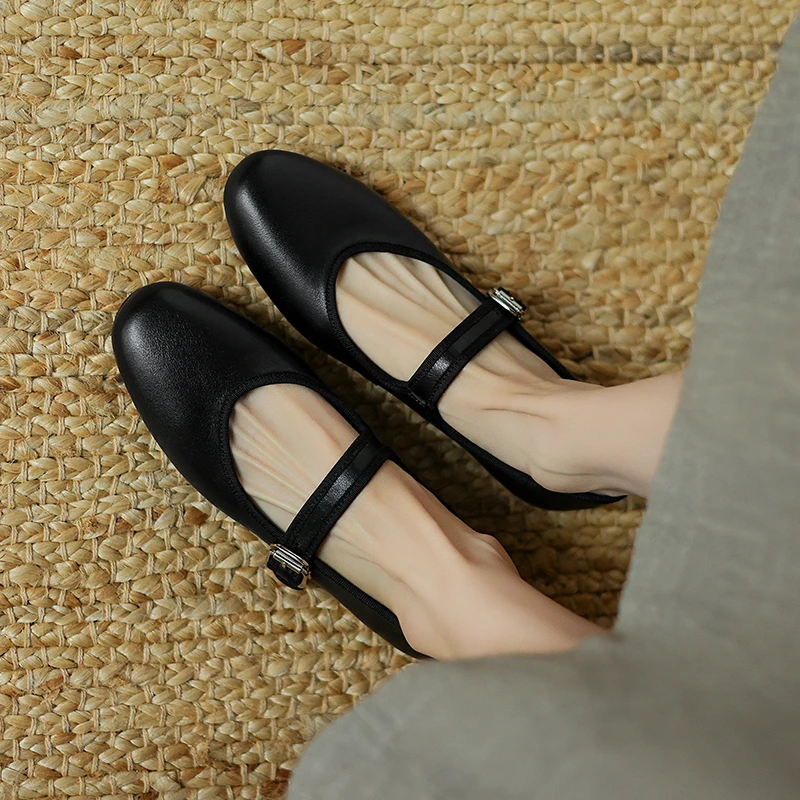 34-40码|1cm平跟|黑/棕|陈摸鱼圆头浅口一字扣带玛丽珍超软奶奶鞋