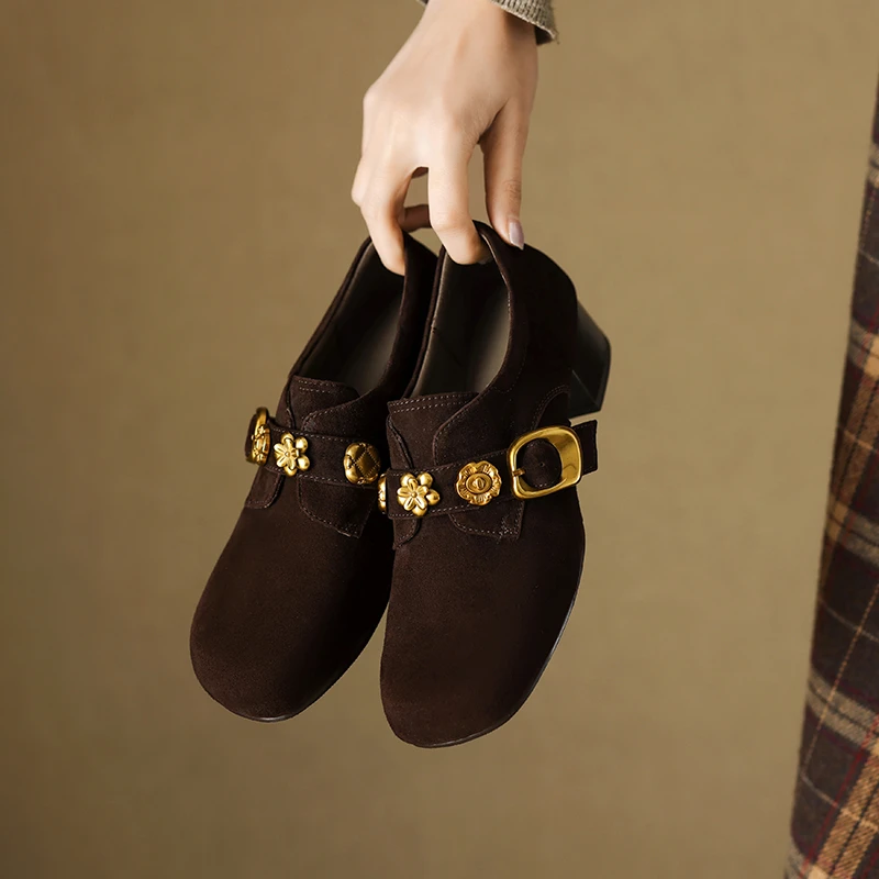 34-40码|4cm中跟|黑/棕|陈摸鱼圆头磨砂复古粗跟深口通勤舒适单鞋