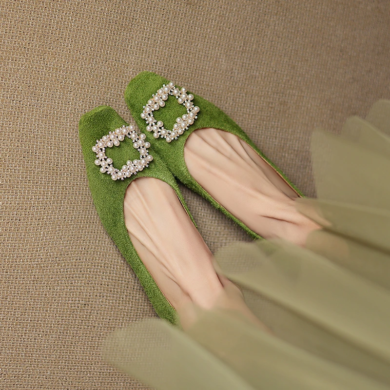 34-40码|2.5cm低跟|绿/紫/棕|陈摸鱼方头浅口珍珠方扣时尚单鞋女