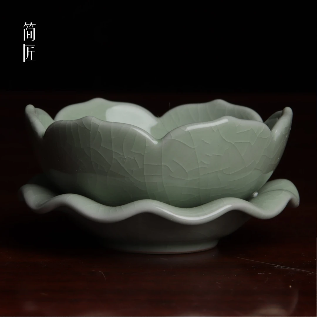 简匠 汝窑当代豆绿釉莲花茶漏冰裂纹开片茶漏茶具