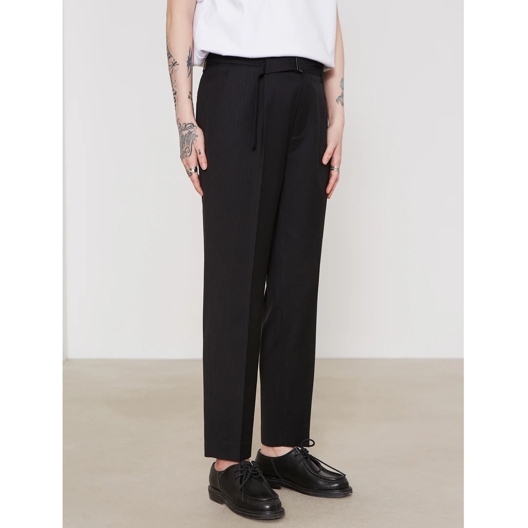 knighttom新款黑色暗条纹腰带西裤les帅t中性设计感九分裤2108P