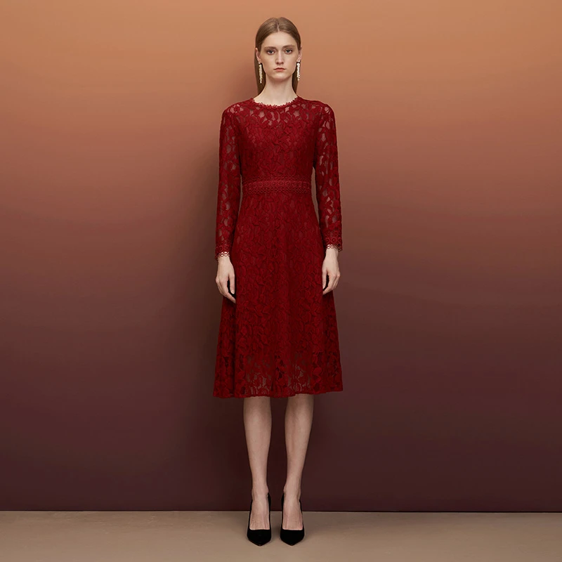 EITIE爱特爱蕾丝镂空紧身收腰显瘦气质长袖连衣裙A字裙女6707428