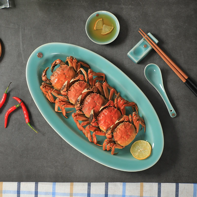 龙泉青瓷大号鱼盘陶瓷家用蒸鱼盘子15英寸福字鱼盘椭圆寿司盘酒店