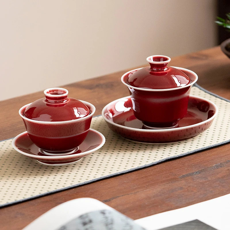 谷业三才盖碗 郎红窑茶碗 功夫茶具复古茶道盖碗茶杯陶瓷泡茶盖碗