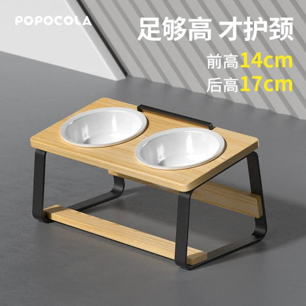 猫碗陶瓷实木架小猫咪水碗双碗宠物猫咪饭盆食盆护颈碗防滑斜口碗