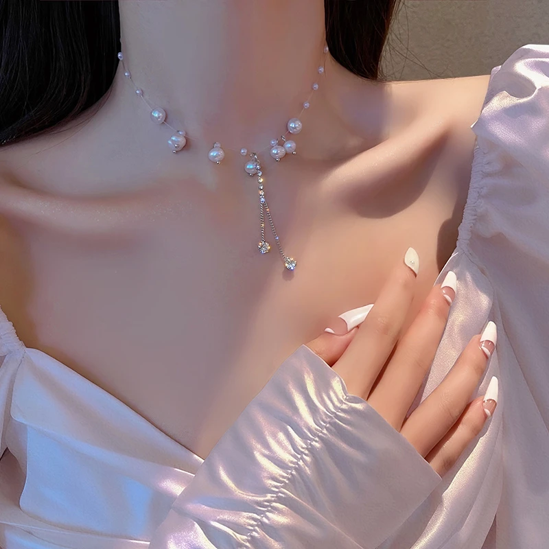 YOUER/柚耳 无金属亚克力项链 天然珠珠闪钻流苏项链女1041#