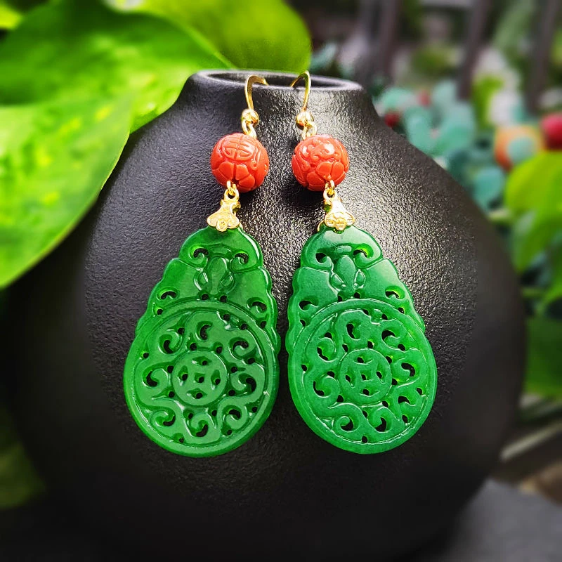 铁合金陶瓷耳饰 绿色雕刻耳坠复古民族风个性耳饰菠菜绿耳环女金
