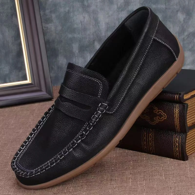 外贸头层牛皮豆豆鞋男透气软面软底一脚蹬休闲皮鞋复古驾车懒人鞋