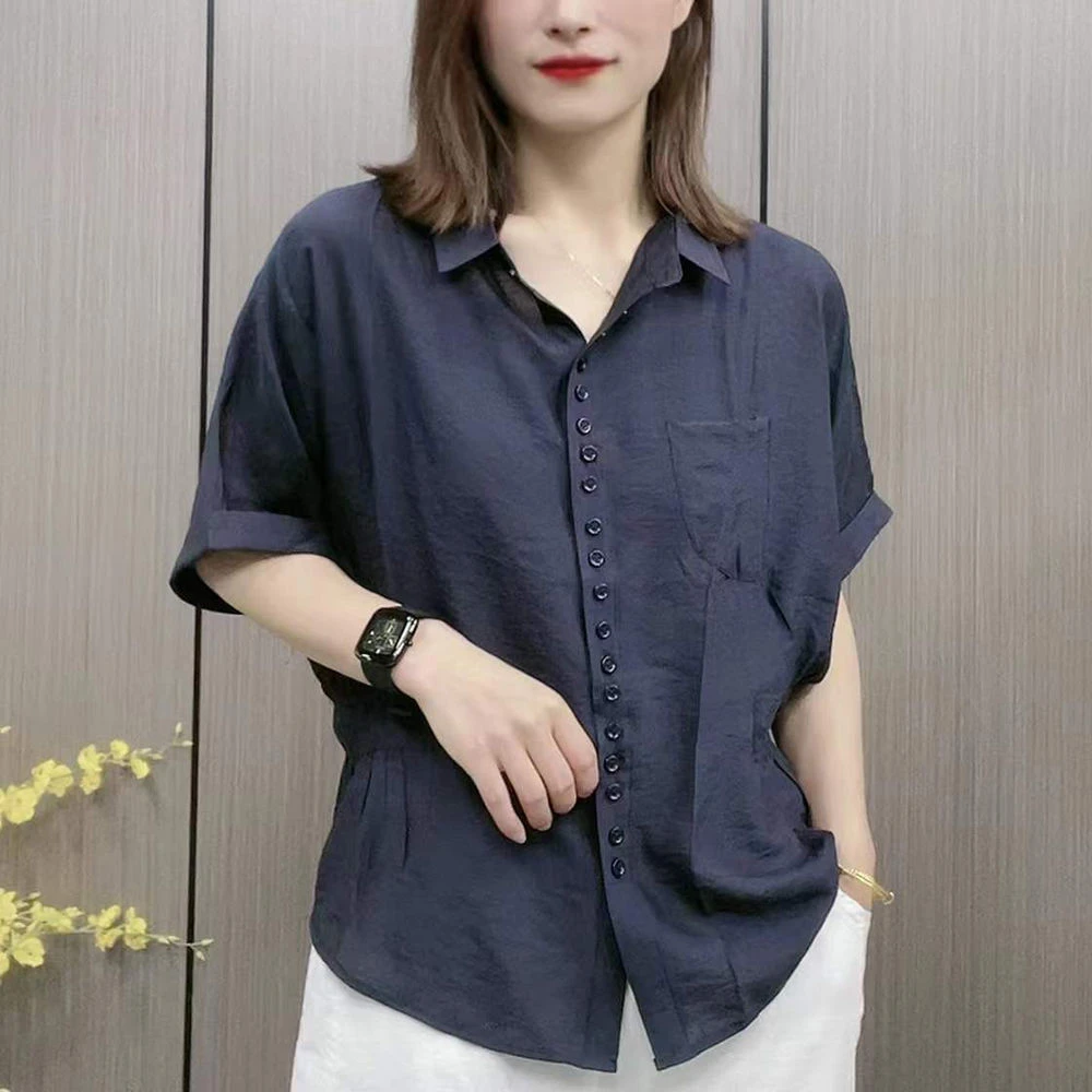 蝙蝠袖衬衫夏季新款短袖衬衣女宽松显瘦减龄中年妈妈装薄款上衣