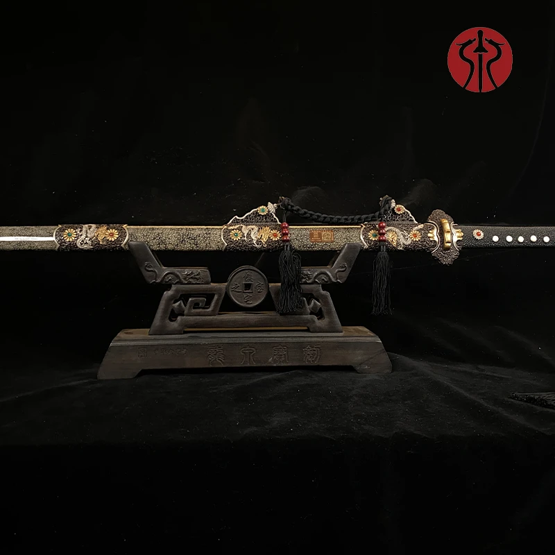 龙泉宝剑厂【28三色四圣唐刀】百炼花纹钢黑檀木黄铜装具未开手工