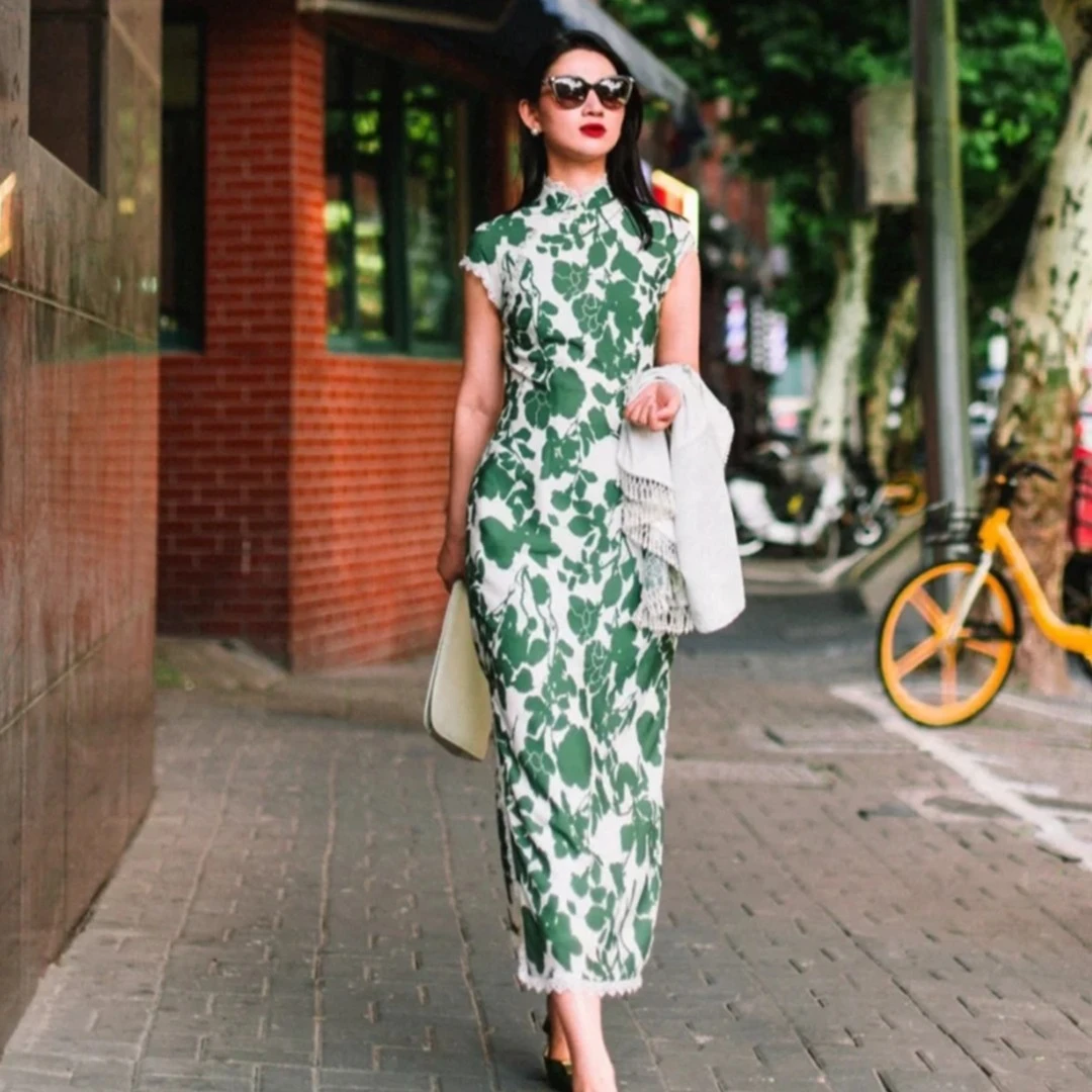 荷言GL旧时闺秀原创 梦江南 白底绿色印花棉质感气质改良旗袍裙