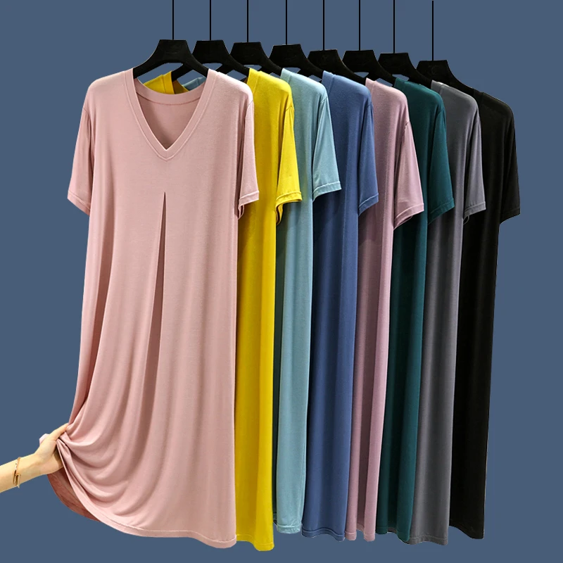 莫代尔V领睡裙女夏薄款短袖连衣裙宽松大码中长款过膝百褶a字裙