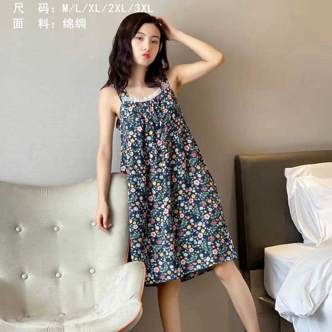 女士夏季薄款透气宽松碎花吸汗清凉中长款睡衣家居服吊带裙171088