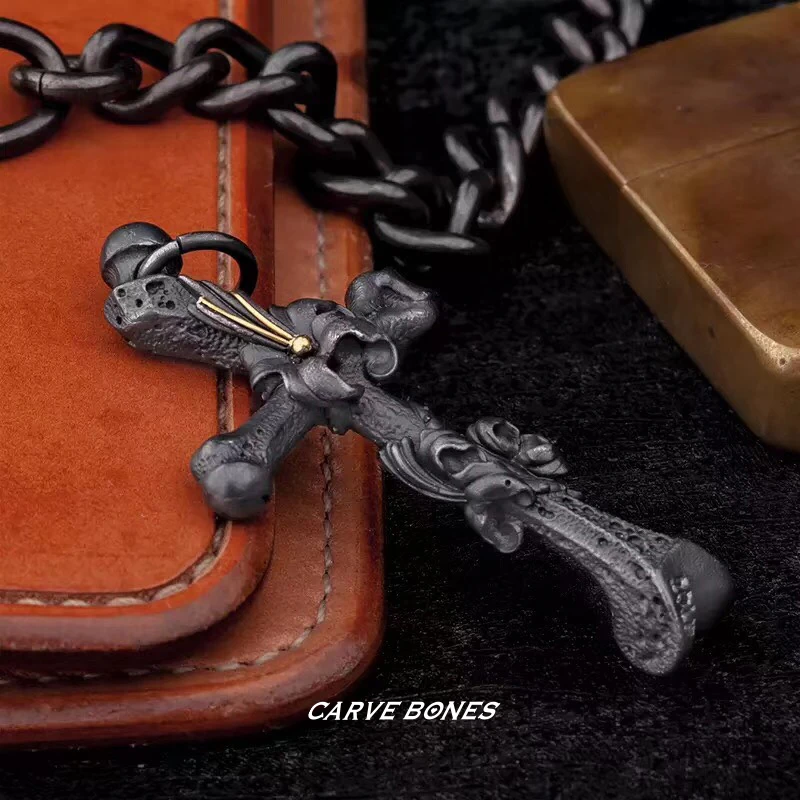 CARVE BONES/刻骨 吊坠925银 手工浪漫彼岸花十字架暗黑潮无性别