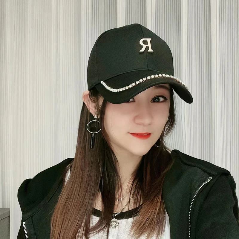 韩版水钻帽子女R字母春夏季棒球帽显脸小硬顶鸭舌帽时尚遮阳帽潮