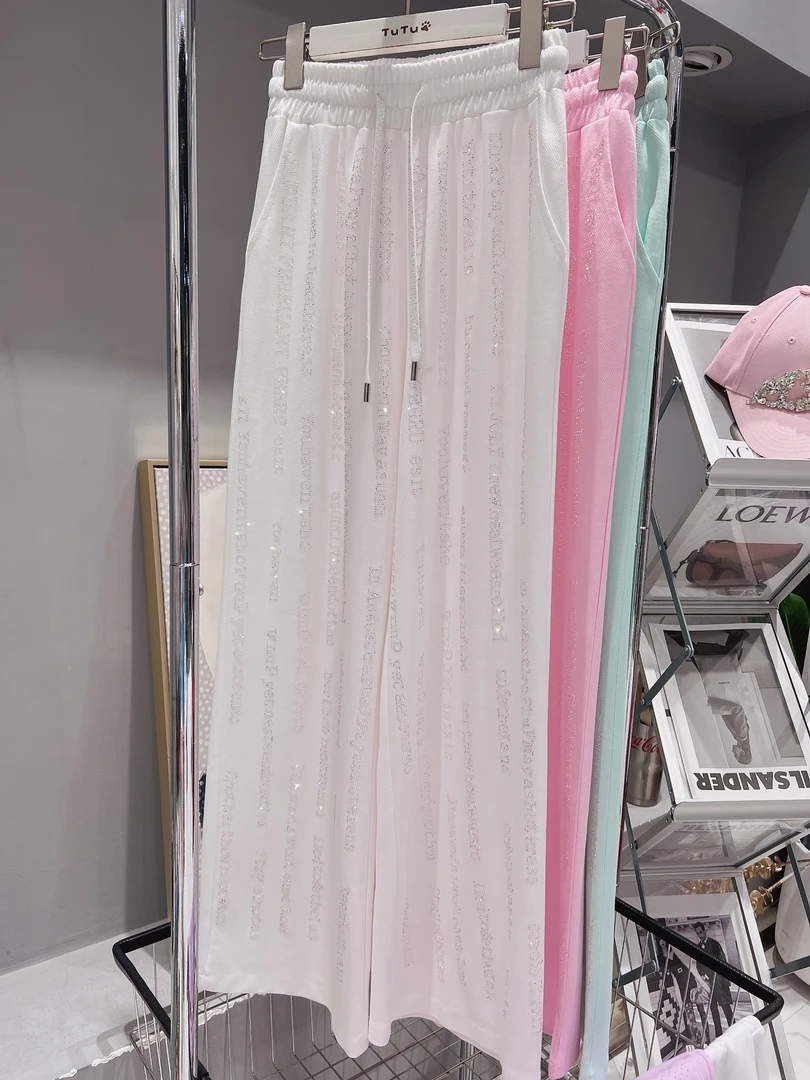 夏季薄款小字母烫钻高级感彩色直筒拖地裤窄版阔腿裤